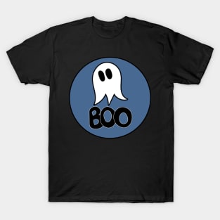 Cute ghost cartoon BOO text in a blue circle frame T-Shirt